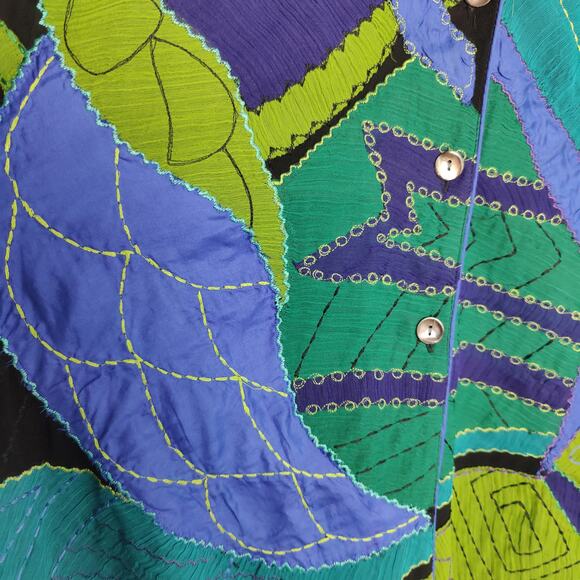 Vintage Chico's Women's Sz 2 (L) Green Blue Silk Jacket Geometric Art to Wear - Picture 7 of 7